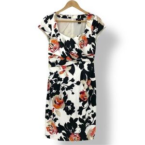 WHBM Floral Print Silky Cap Sleeve Scoop Neck Black White Coral Red/Pink Dress 6